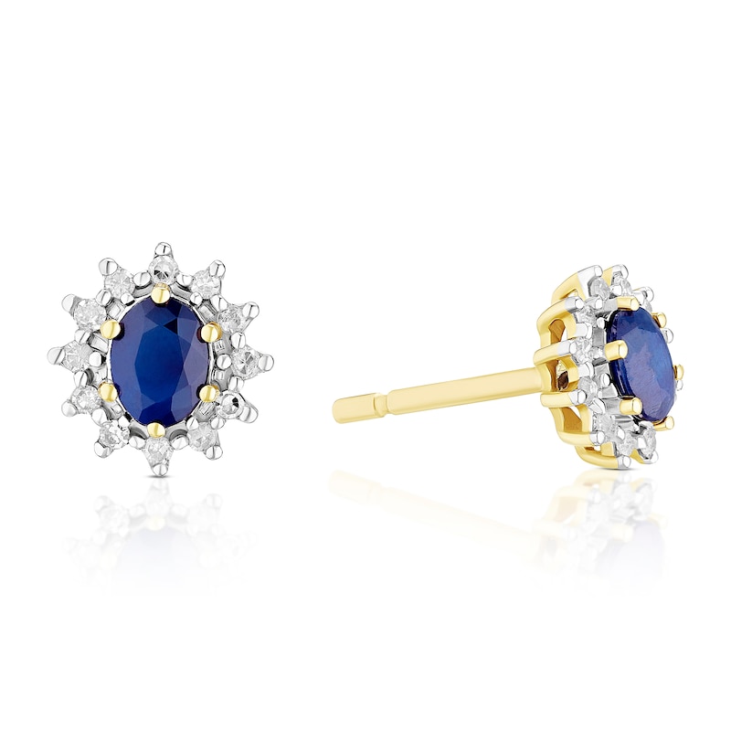Main Image 1 of 9ct Yellow Gold Diamond & Oval Sapphire Stud Earrings