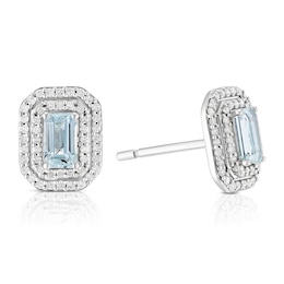 Sterling Silver 0.20ct Diamond & Aquamarine Double Halo Baguette Stud Earrings