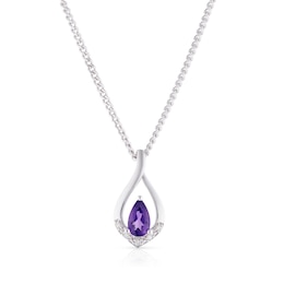 Sterling Silver Diamond & Pear Amethyst Pendant Necklace