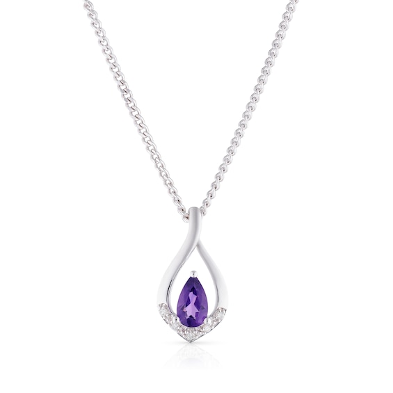 Sterling Silver Diamond and Pear Amethyst Pendant Necklace