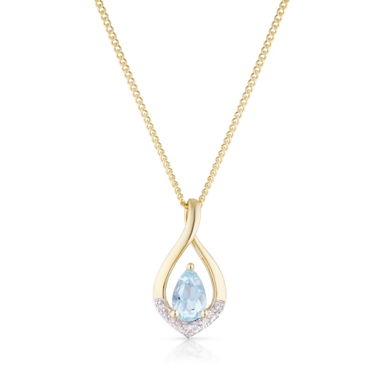 9ct Yellow Gold Diamond and Pear Aquamarine Pendant