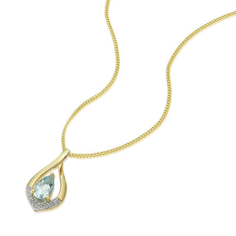 Main Image 2 of 9ct Yellow Gold Diamond & Pear Aquamarine Pendant
