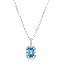 Sterling Silver Baguette London Blue Topaz & 0.10ct Diamond Halo Pendant Necklace