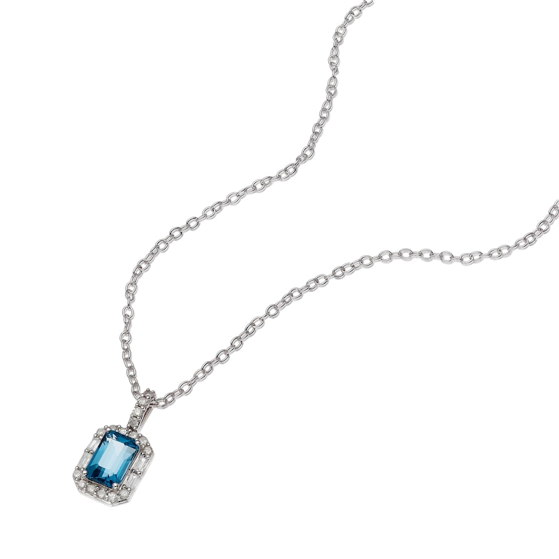 Main Image 2 of Sterling Silver Baguette London Blue Topaz & 0.10ct Diamond Halo Pendant Necklace