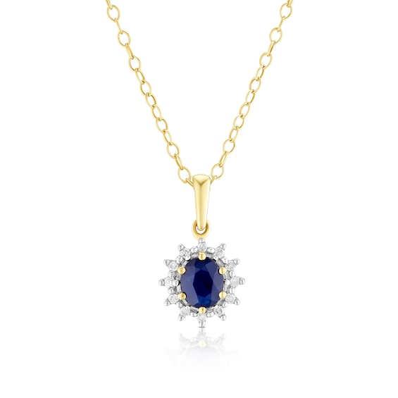 9ct Yellow Gold Diamond and Oval Sapphire Pendant Necklace