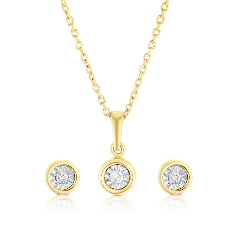 Main Image 1 of Sterling Silver & 18ct Gold Vermeil Diamond Bezel Stud & Pendant Set