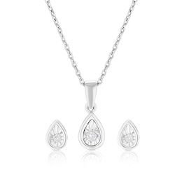 Sterling Silver Pear Diamond Illusion Earrings & Pendant Necklace Set