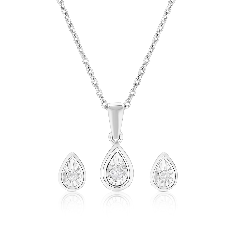 Main Image 1 of Sterling Silver Pear Diamond Illusion Earrings & Pendant Necklace Set