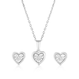 Sterling Silver Heart Diamond Illusion Earrings & Pendant Necklace Set