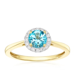 9ct Yellow Gold 0.10ct Diamond & Round Blue Topaz Ring