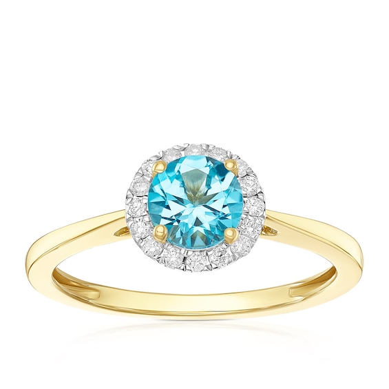 9ct Yellow Gold 0.10ct Diamond and Round Blue Topaz Ring