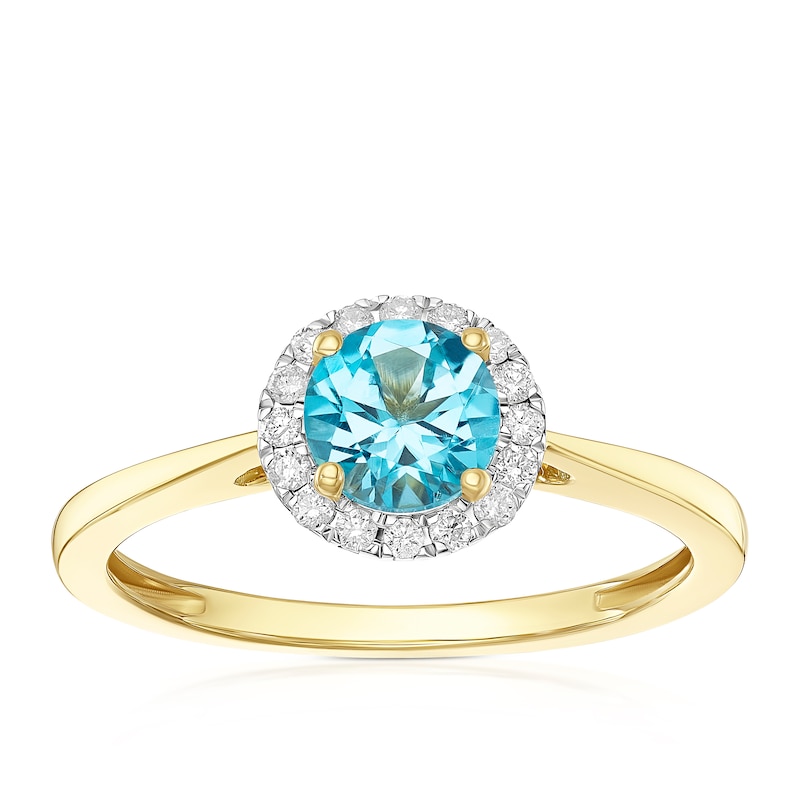 Main Image 1 of 9ct Yellow Gold 0.10ct Diamond & Round Blue Topaz Ring