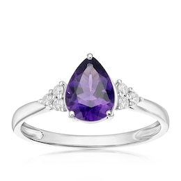 9ct White Gold Diamond & Pear Amethyst Ring