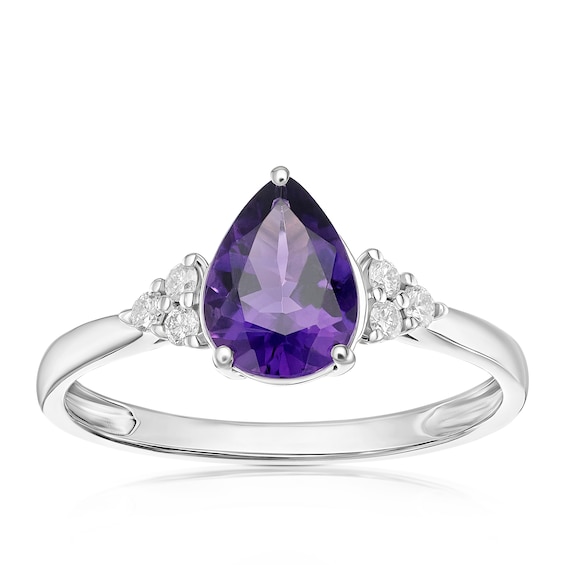 9ct White Gold Diamond and Pear Amethyst Ring