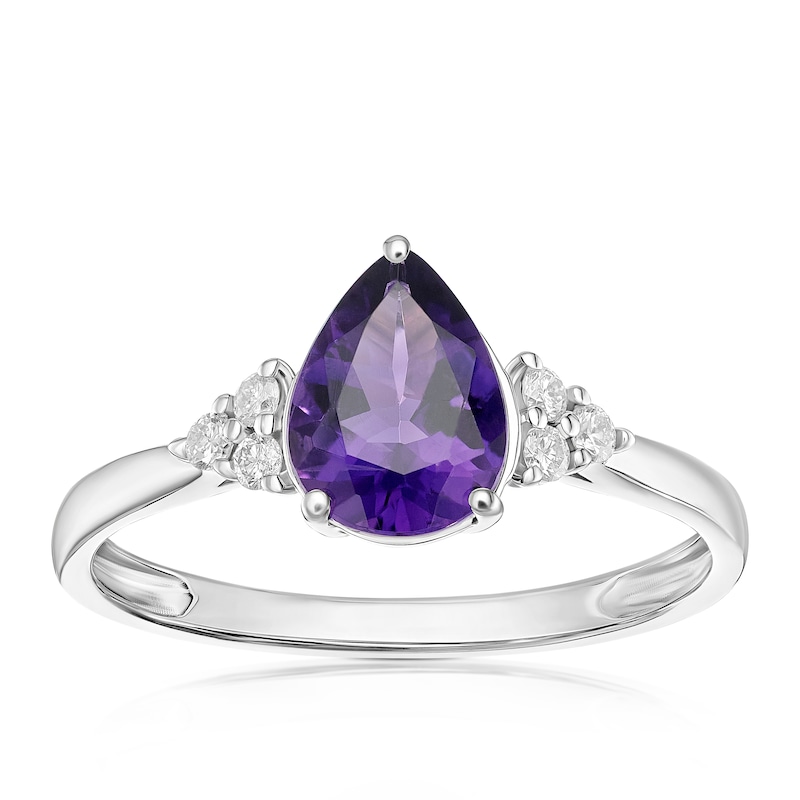Main Image 1 of 9ct White Gold Diamond & Pear Amethyst Ring