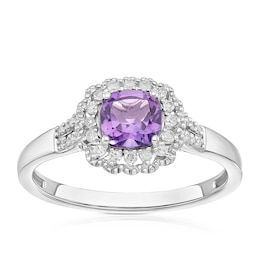 Sterling Silver Cushion Amethyst & 0.10ct Halo Diamond Ring