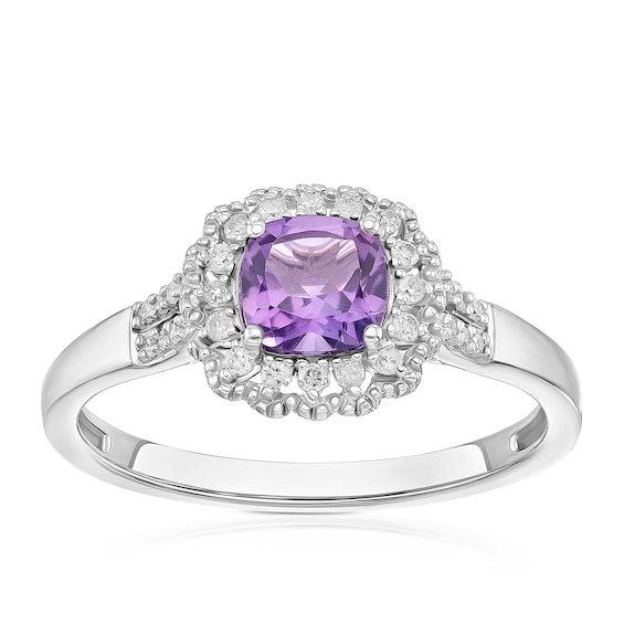 Sterling Silver Cushion Amethyst and 0.10ct Halo Diamond Rin