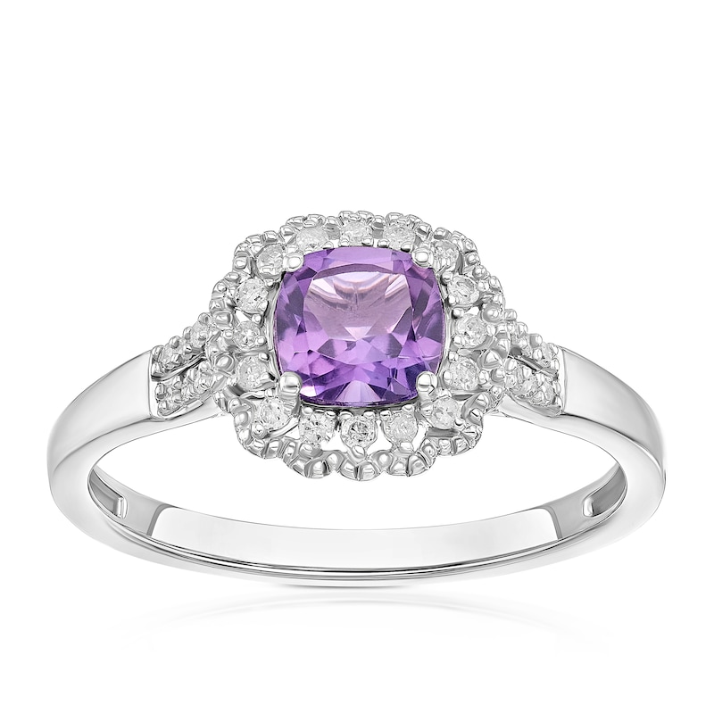 Main Image 1 of Sterling Silver Cushion Amethyst & 0.10ct Halo Diamond Ring