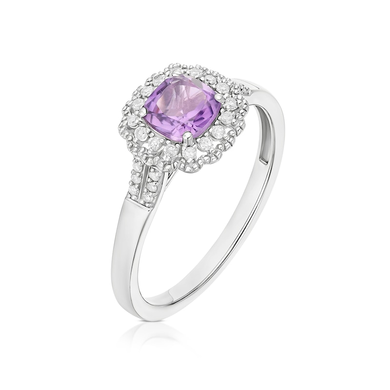 Main Image 2 of Sterling Silver Cushion Amethyst & 0.10ct Halo Diamond Ring