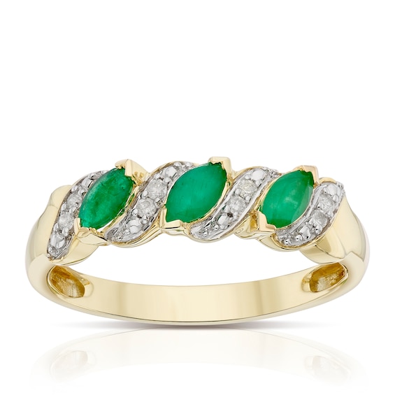 9ct Yellow Gold Diamond and Marquise Emerald Ring