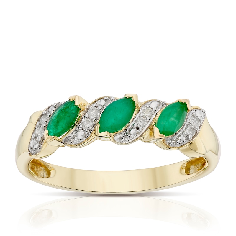 Main Image 1 of 9ct Yellow Gold Diamond & Marquise Emerald Ring
