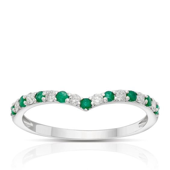 9ct White Gold 0.10ct Diamond and Round Emerald Eternity Rin