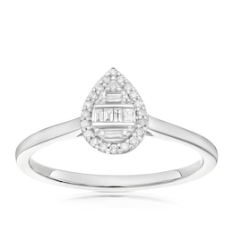 Engagement Ring 9ct White Gold Round & Baguette Pear Cluster 0.10ct Diamond Ring