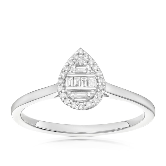 Engagement Ring 9ct White Gold Round and Baguette Pear Clust