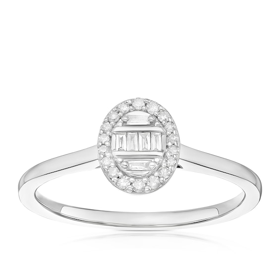 Engagement Ring 9ct White Gold Round and Baguette Oval Clust