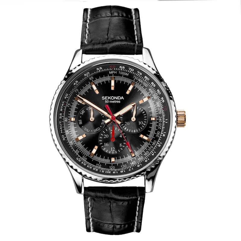 Main Image 1 of Sekonda Maverick Black Dial & Black Leather Strap Watch