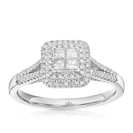 Engagement Ring Princessa 9ct White Gold Square Cluster Stone Set Shoulders 0.40ct Diamond Ring