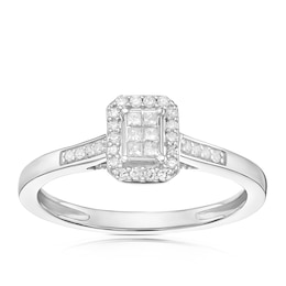 Engagement Ring Princessa 9ct White Gold Emerald Cut Cluster Stone Set Shoulders 0.15ct Diamond Ring