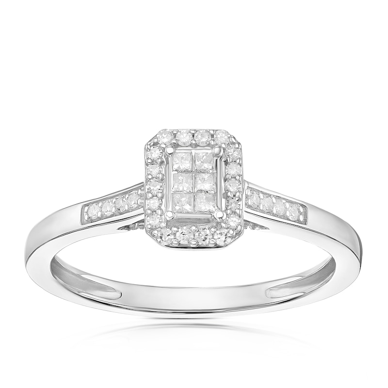 Main Image 1 of Engagement Ring Princessa 9ct White Gold Emerald Cut Cluster Stone Set Shoulders 0.15ct Diamond Ring