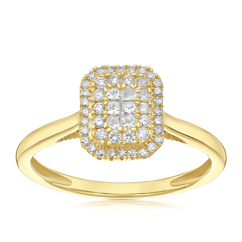 Main Image 1 of Engagement Ring Princessa 9ct Yellow Gold Emerald Cut Cluster 0.25ct Diamond Ring