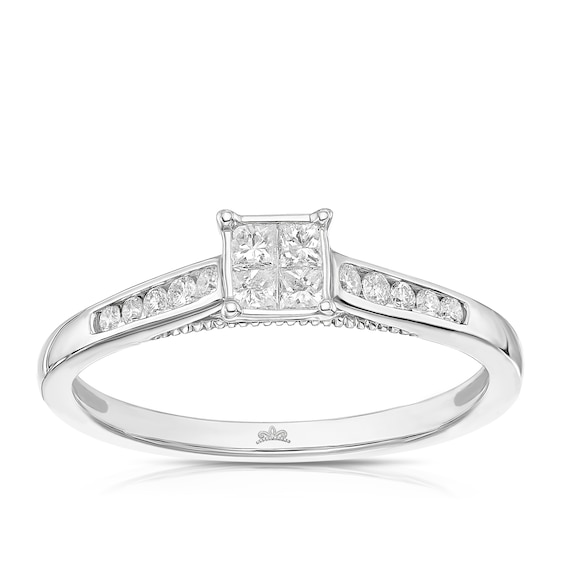 Engagement Ring Princessa 9ct White Gold Square Cluster Stone Set Shoulders 0.25ct Diamond Ring