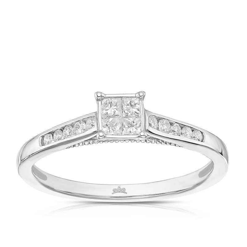 Main Image 1 of Engagement Ring Princessa 9ct White Gold Square Cluster Stone Set Shoulders 0.25ct Diamond Ring