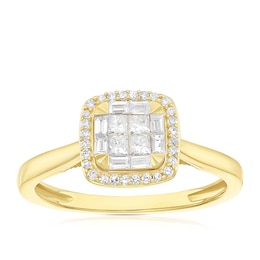 Engagement Ring Princessa 9ct Yellow Gold Cushion Cluster 0.33ct Diamond Ring