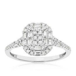 Engagement Ring 9ct White Gold Round & Baguette Emerald Cluster 0.33ct Diamond Ring
