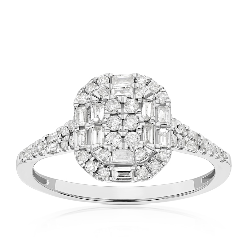 Main Image 1 of Engagement Ring 9ct White Gold Round & Baguette Emerald Cluster 0.33ct Diamond Ring