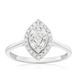 Engagement Ring 9ct White Gold Round & Baguette Marquise Cluster 0.33ct Diamond Ring