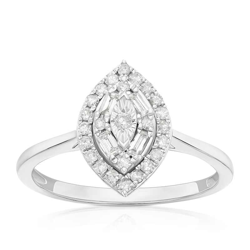 Main Image 1 of Engagement Ring 9ct White Gold Round & Baguette Marquise Cluster 0.33ct Diamond Ring