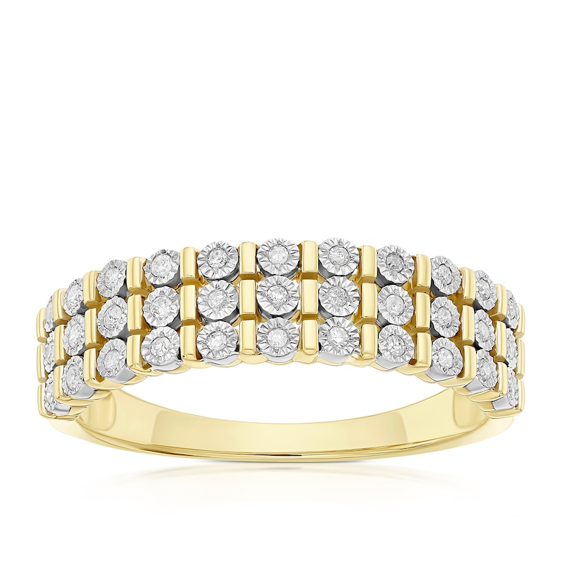 Main Image 1 of Engagement Ring 9ct Yellow Gold Triple Row 0.10ct Diamond Ring