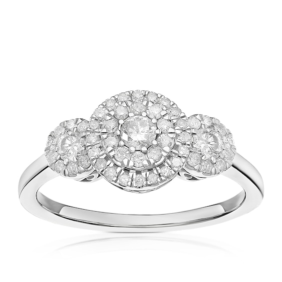 Engagement Ring 9ct White Gold Trilogy Halo 0.40ct Diamond R