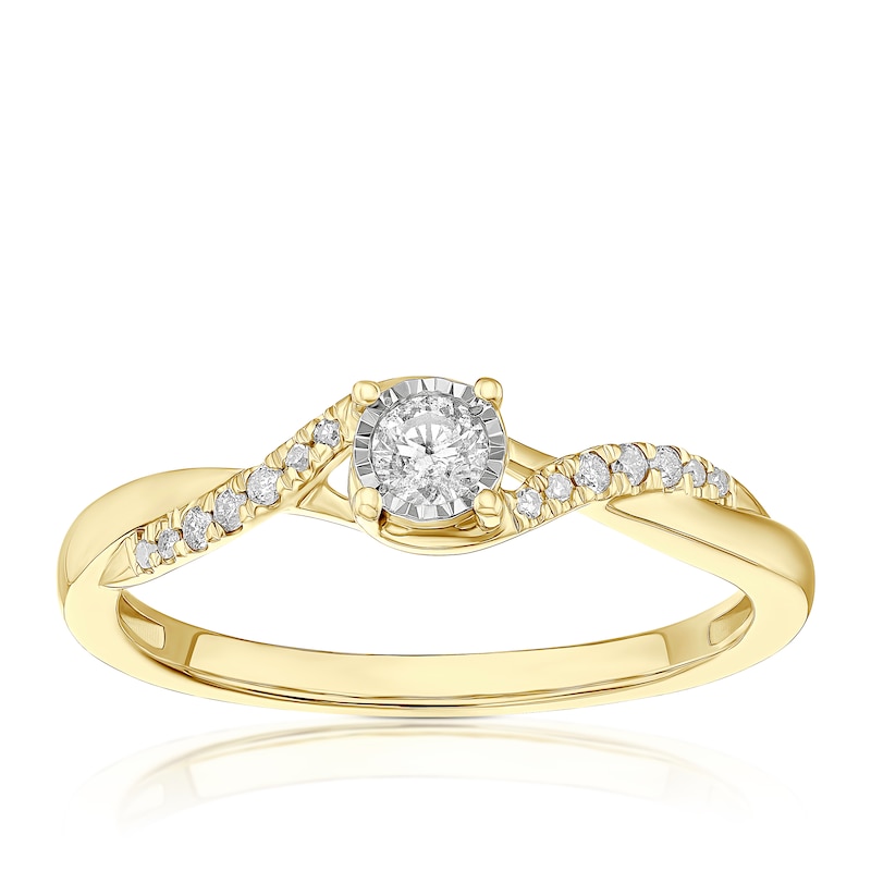 Main Image 1 of Engagement Ring 9ct Yellow Gold Twist Solitaire Stone Set Shoulders 0.15ct Diamond Ring