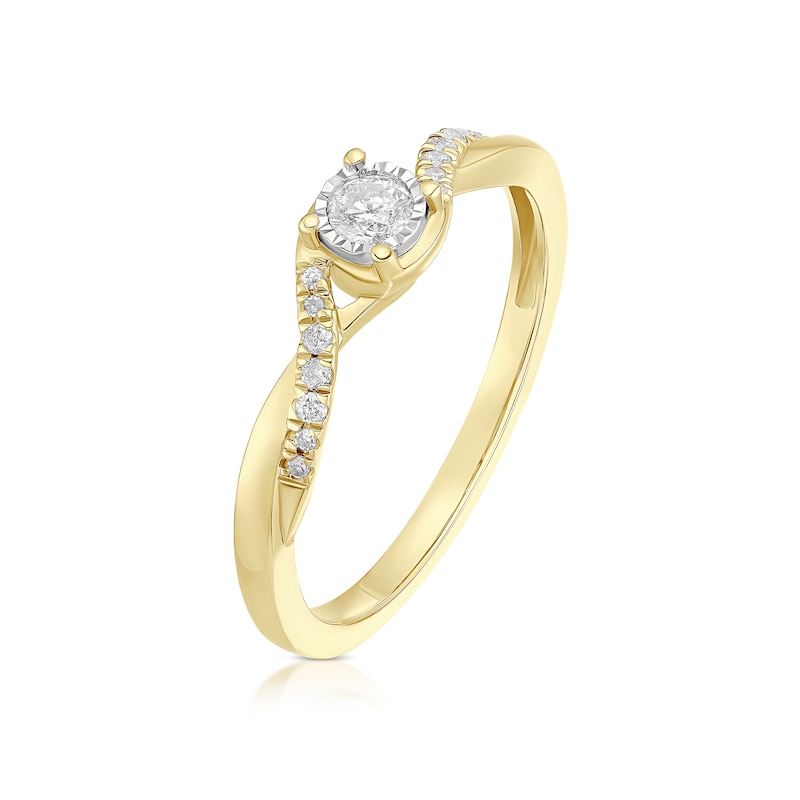 Main Image 2 of Engagement Ring 9ct Yellow Gold Twist Solitaire Stone Set Shoulders 0.15ct Diamond Ring