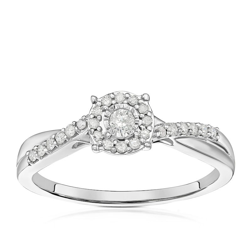 Main Image 1 of Engagement Ring 9ct White Gold Twist Halo 0.15ct Diamond Ring