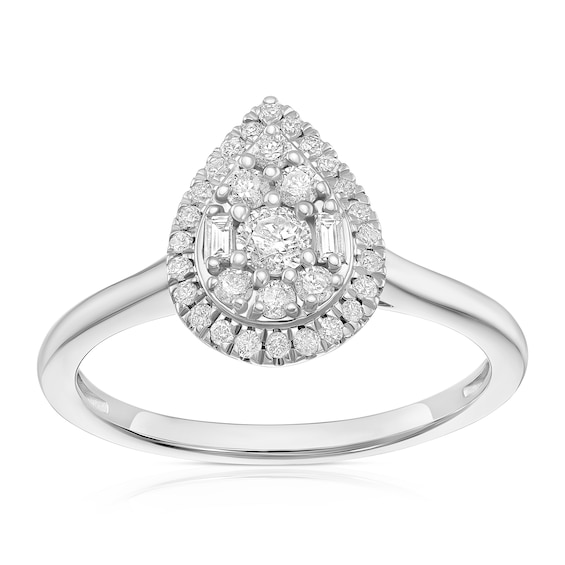Engagement Ring 9ct White Gold Round and Baguette Pear Clust