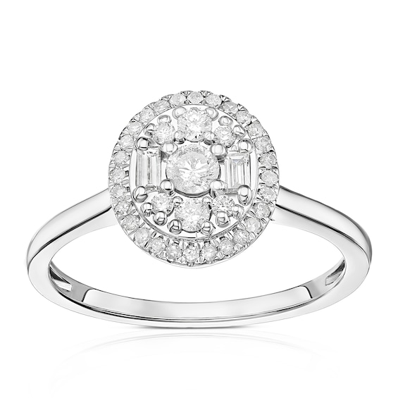 Engagement Ring 9ct White Gold Round & Baguette Oval Cluster 0.33ct Diamond Ring