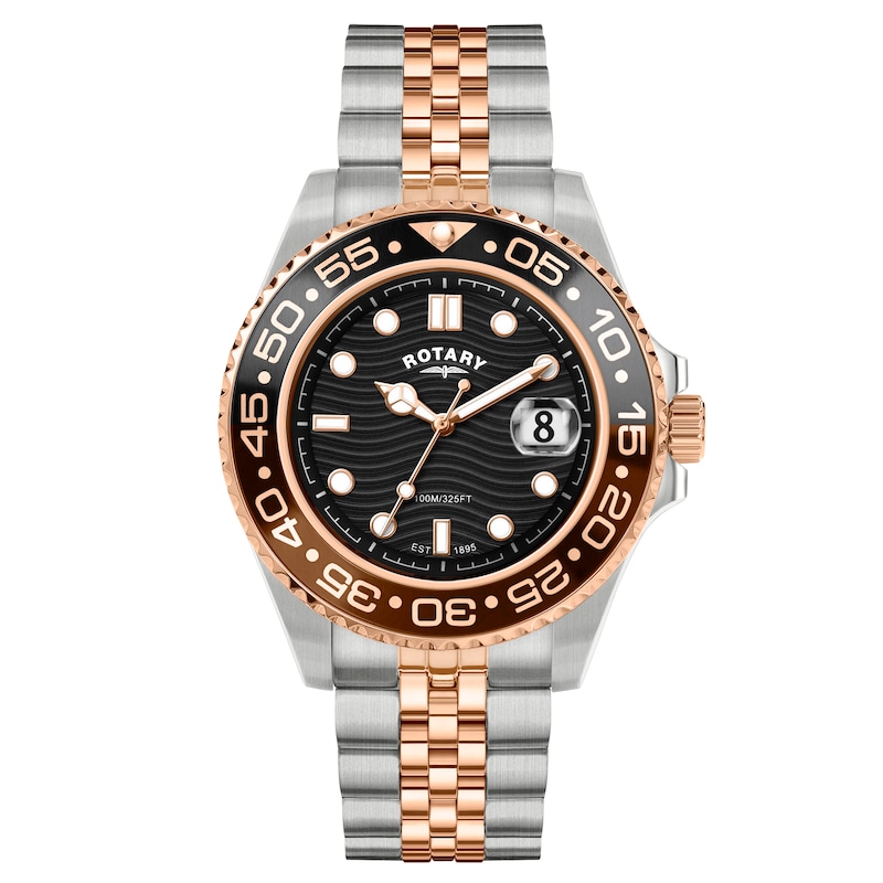 Main Image 1 of Rotary Men's Apex 100 Black Dial & Two Tone Rose & Silver Stainless Steel Bracelet Watch