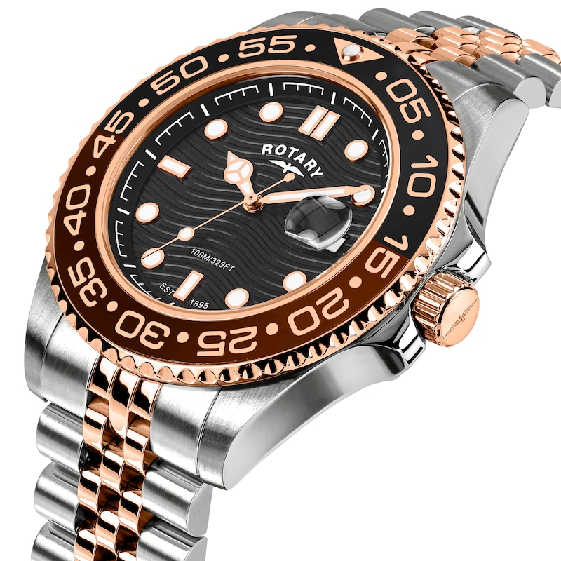 Main Image 2 of Rotary Men's Apex 100 Black Dial & Two Tone Rose & Silver Stainless Steel Bracelet Watch